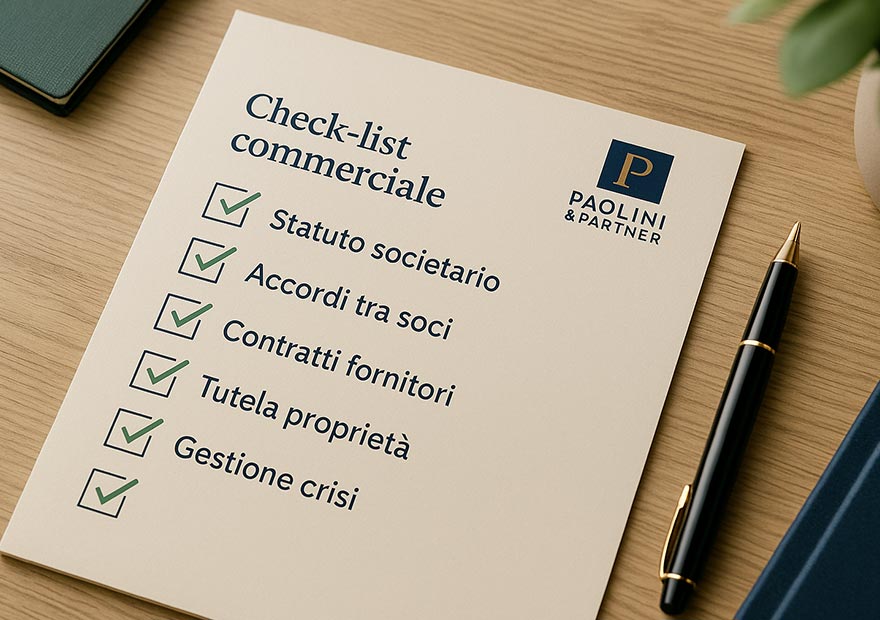 Avvocato diritto commerciale - Un foglio di lavoro visivo con elementi spuntati: “Statuto”, “Accordi soci”, “Contratti fornitori”, “Gestione crisi”. Accanto, una penna e il logo dello studio.