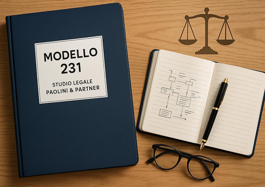 Avvocato penale economia. Una scrivania elegante con al centro un fascicolo blu con etichetta “Modello 231”. Accanto: occhiali, taccuino, simbolo della bilancia.