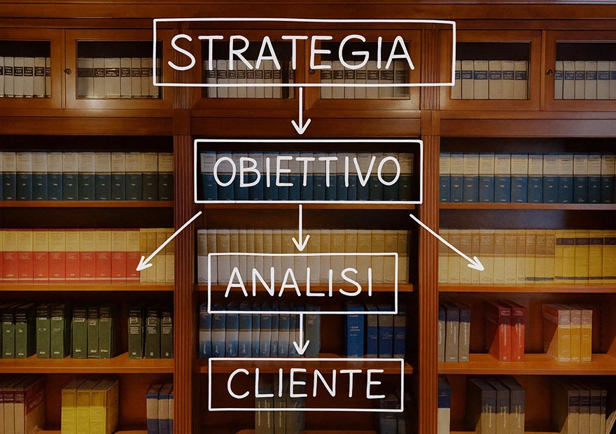 Studio Legale Avezzano - Una lavagna con un piano strategico complesso in evidenza, dietro il quale si intravedono membri del team mentre analizzano e discutono.